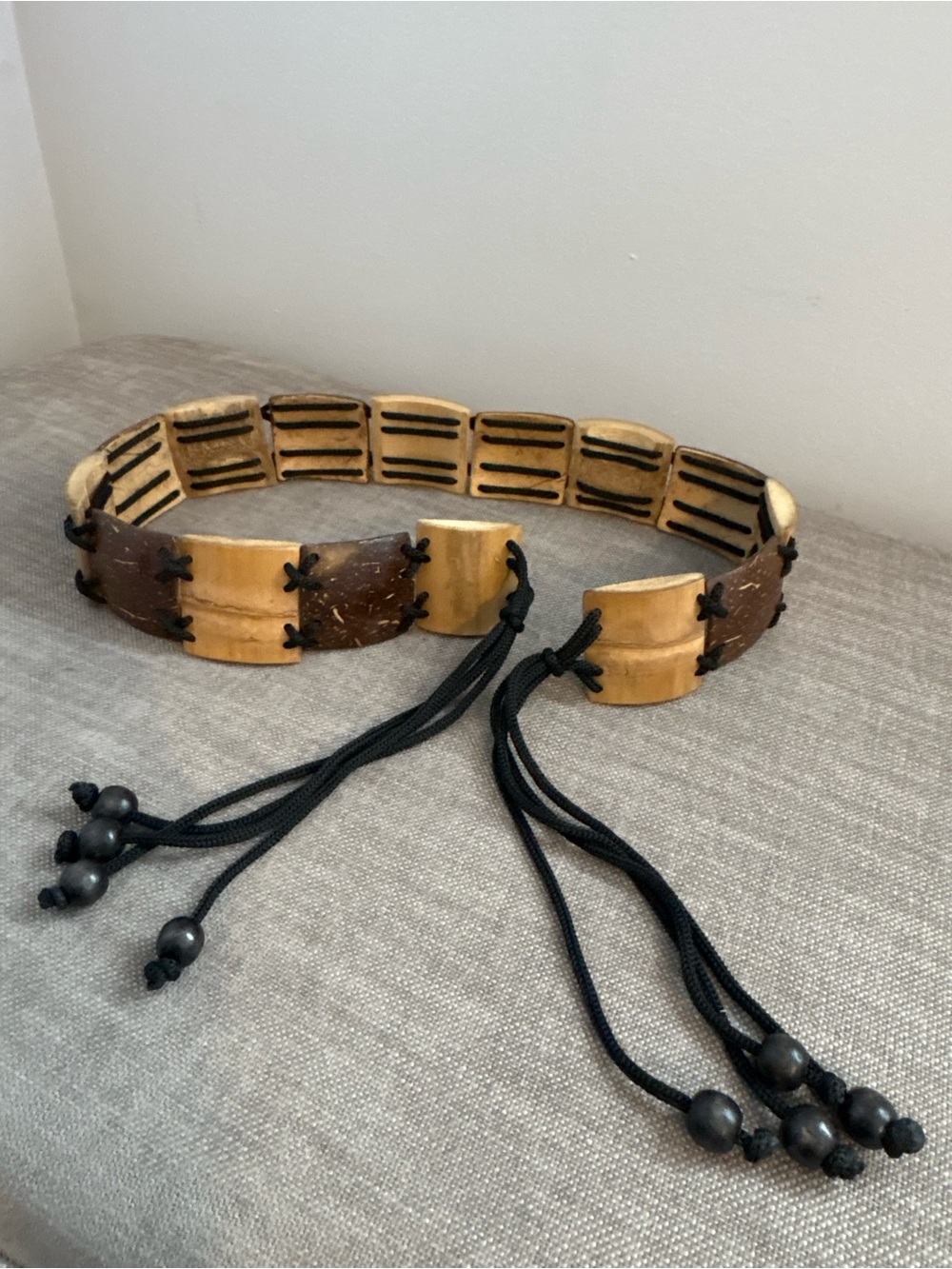 Boho Chic Natural Coconut Shell Tile Beaded Tie Waist Belt With Wood Accents - Picture 3 of 10